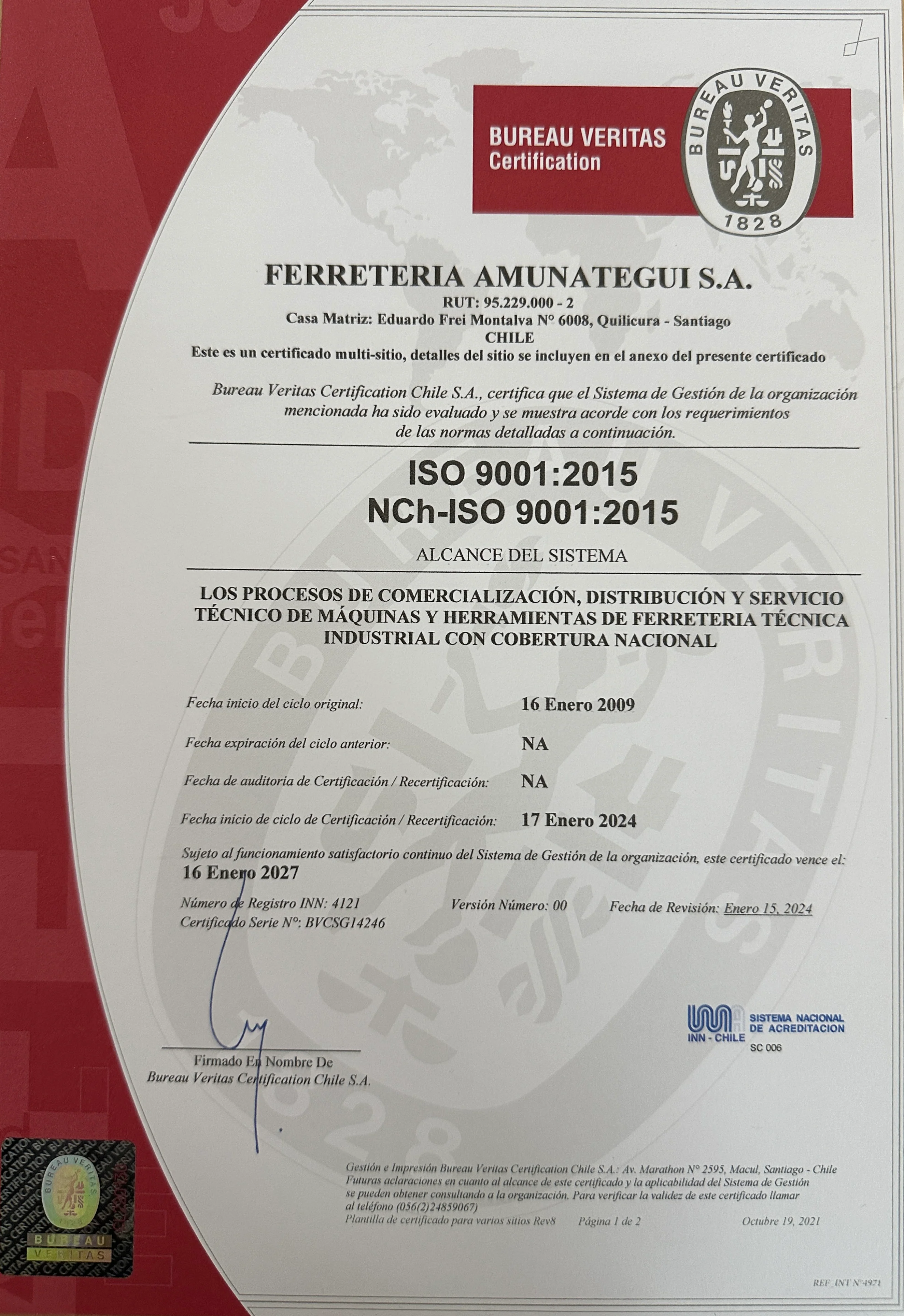 Certificado ISO 9001:2015 - ACOSUR SPA
